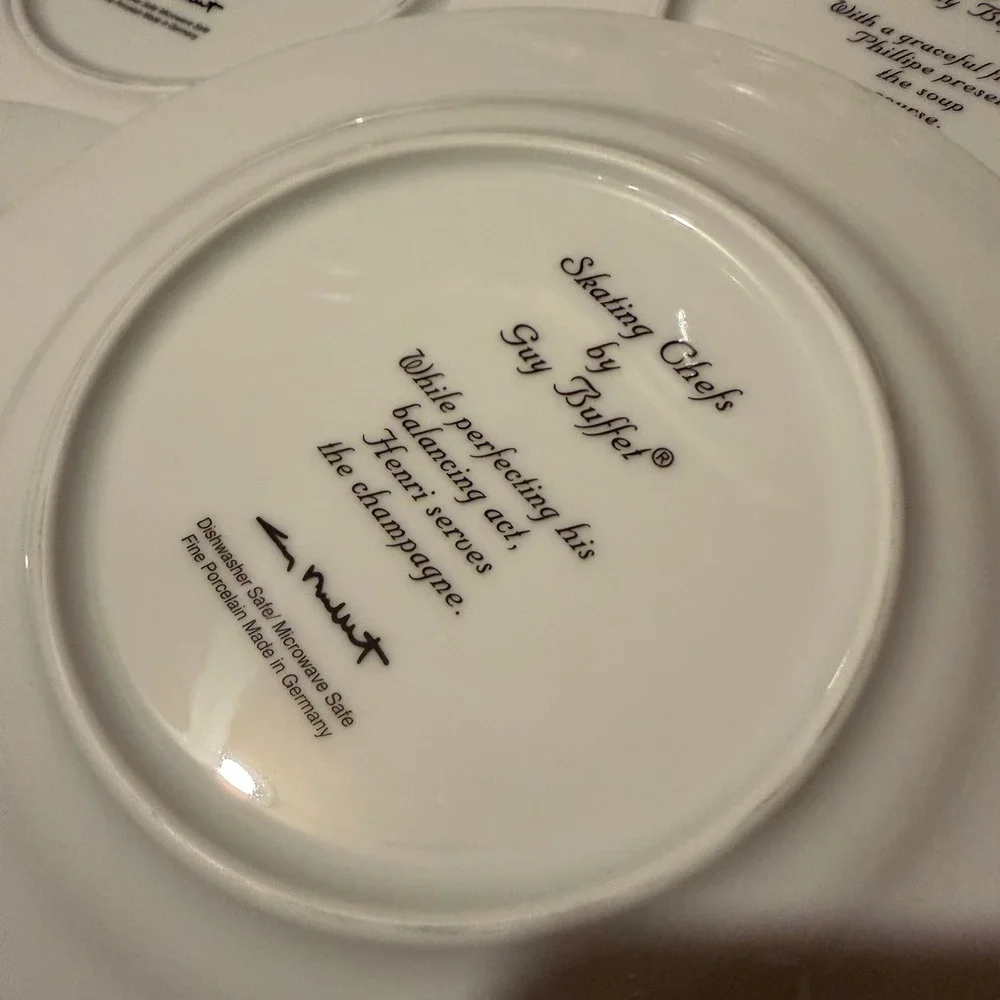 Guy Buffet Salad Plates Skating Chefs Whimsical Kitchen Set of 6 White multi